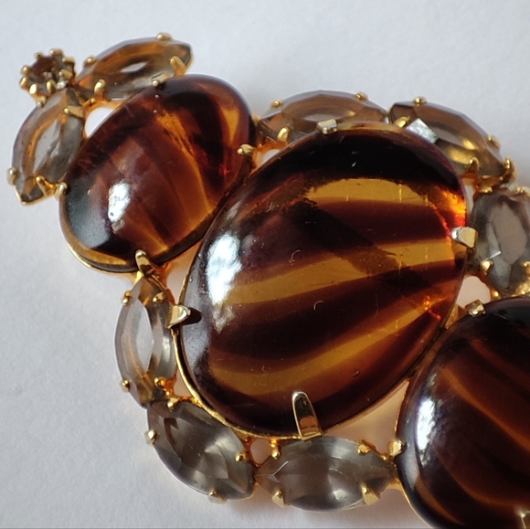 Glass Tortoise Striped Prong Set Brooch Gold Tone Smoke Open Back Prong Set Pin - Picture 6 of 10